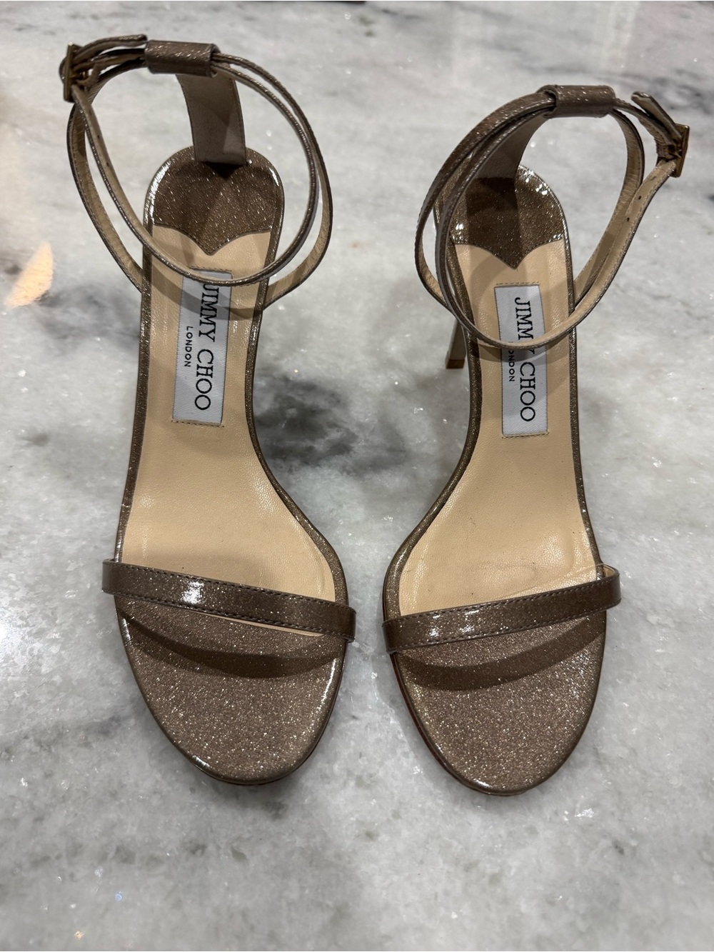 Jimmy Choo Glitter Ankle-Strap Sandals in Taupe Sparkle